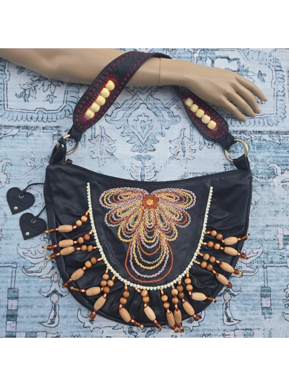 Y2K Aldo Black Leather Beaded Fringe Hobo Shoulder Bag Boho Embroidered Vintage